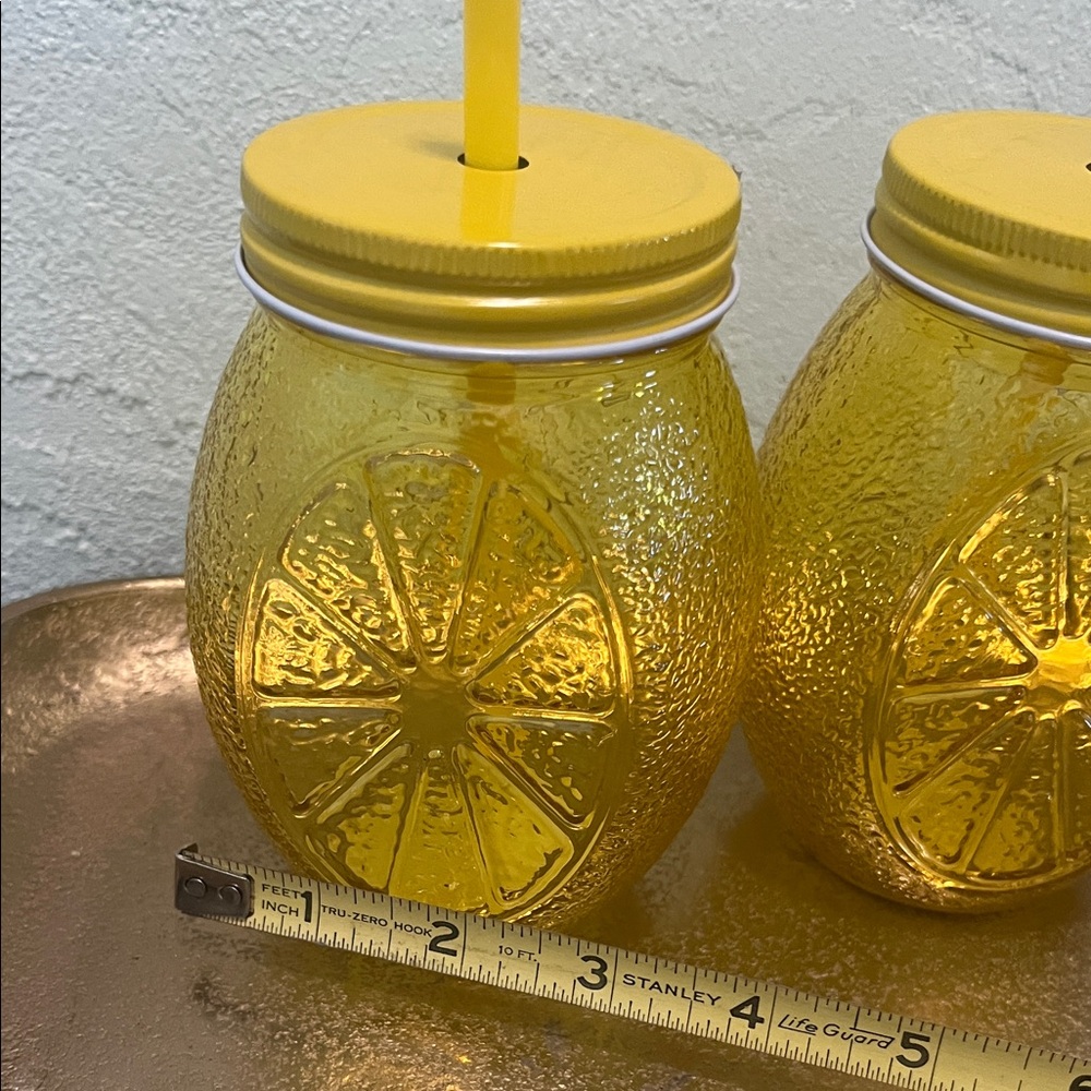 #1585** Yellow Lemon Glass Mason Jar Tumbler with Straw - Set of 2 - Picture 5 of 5